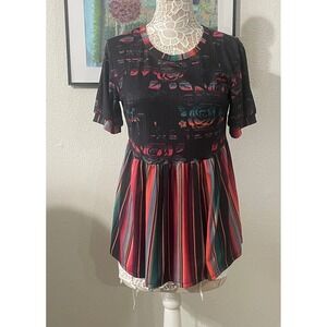 Crazy Train Floral Striped Babydoll Top Ribbed Knit Short Sleeve Small Black Red